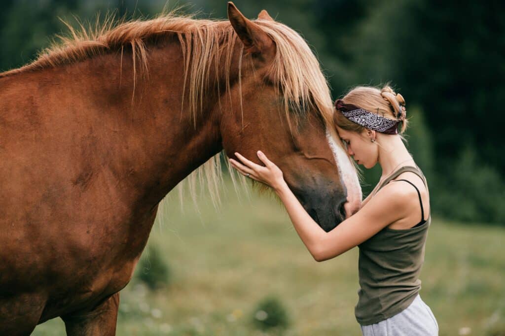 Young woman bonding with a chestnut horse