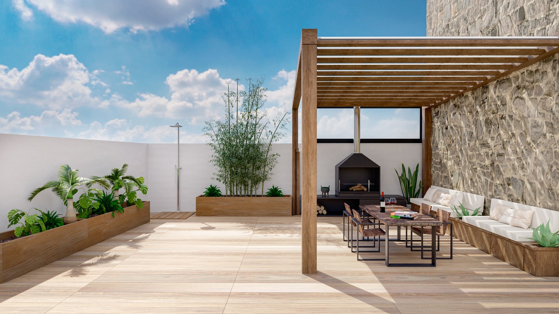 Terrasse mit Holzpergola und Außenküche, Carport Freiburg