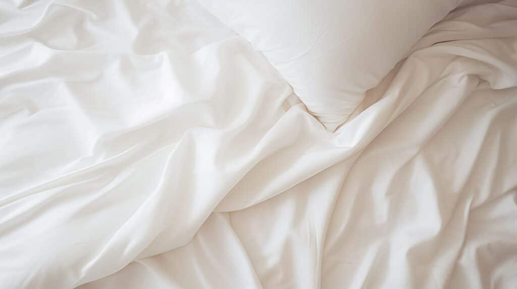 weiche jersey bettwaesche in weiss auf ungemachtem bett – detailaufnahme textur stoff falten licht