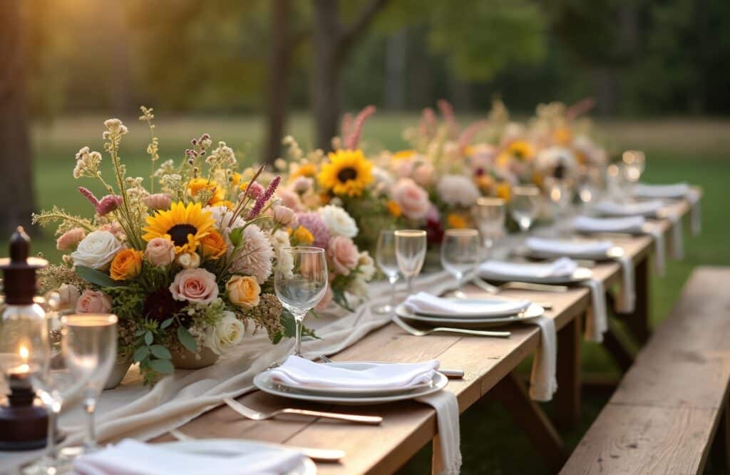 Gedeckter Holztisch mit Blumenschmuck | Hochzeit Bauernhof