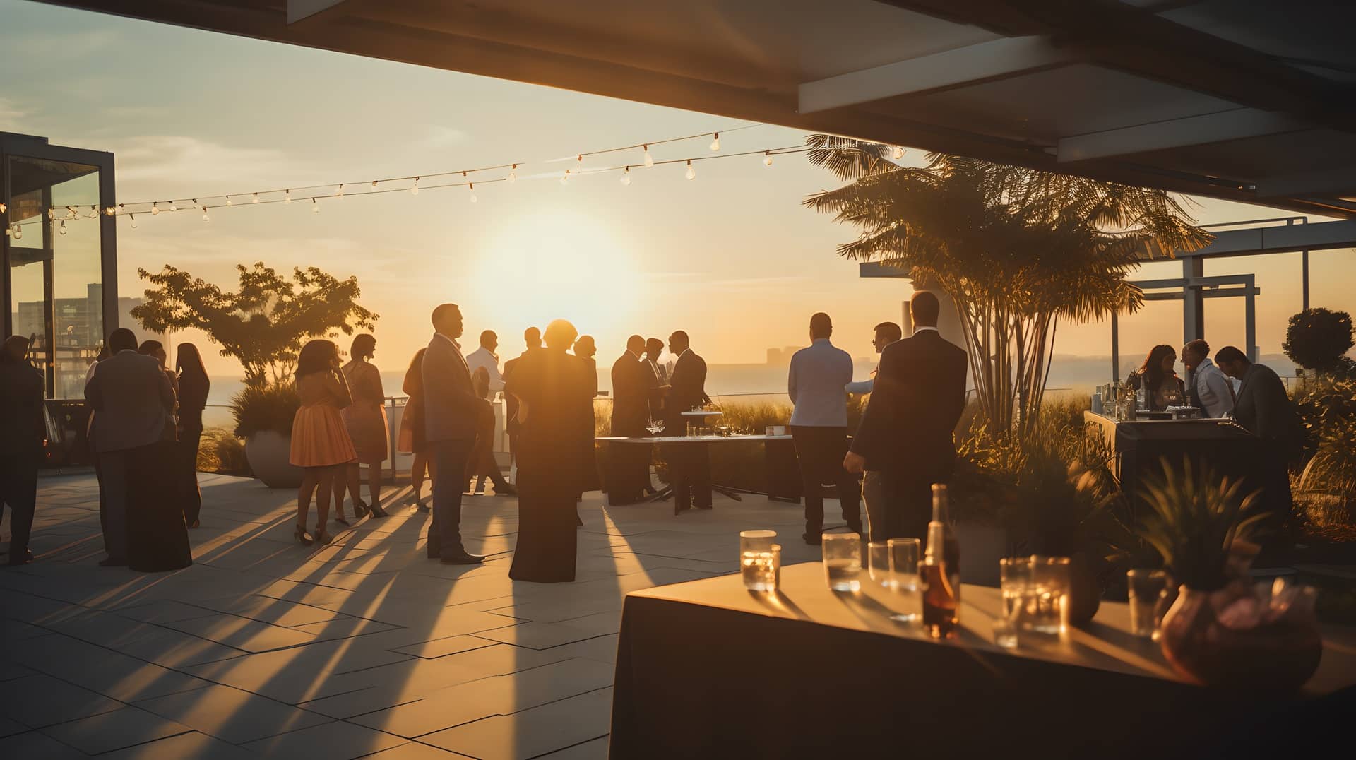 Gäste bei Feier im Sonnenuntergang | Hochzeit Bauernhof