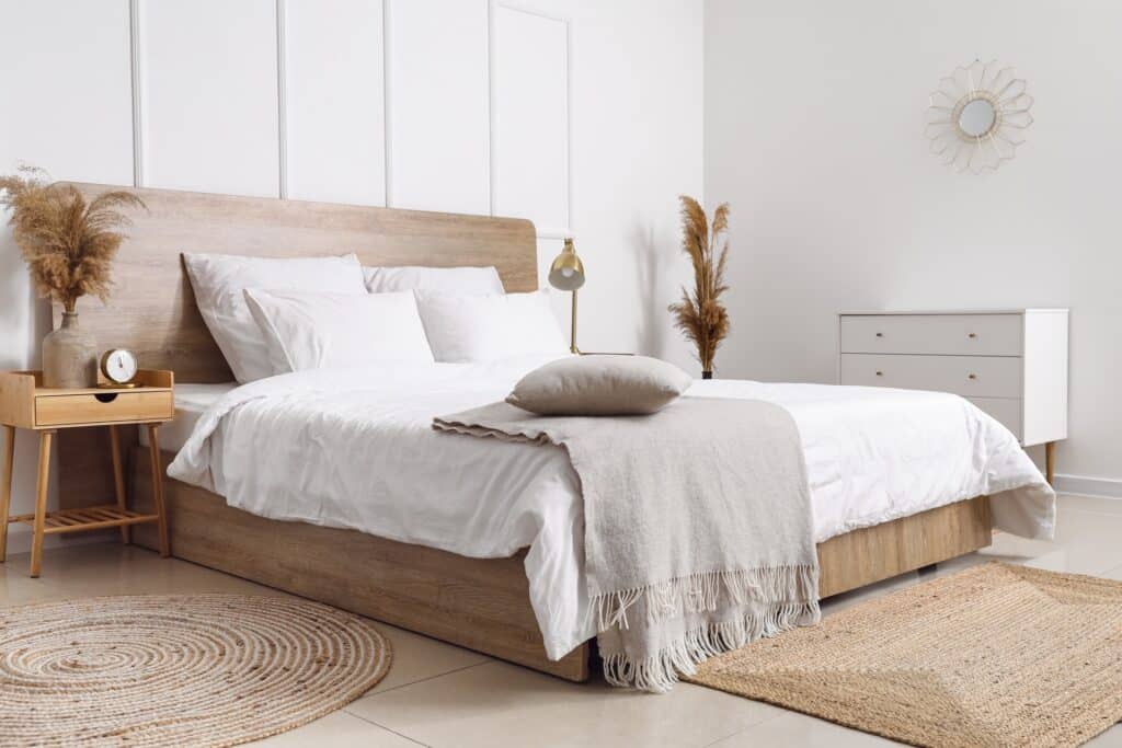 Helles Schlafzimmer mit Holzdetails und Dekoration | Bettbank