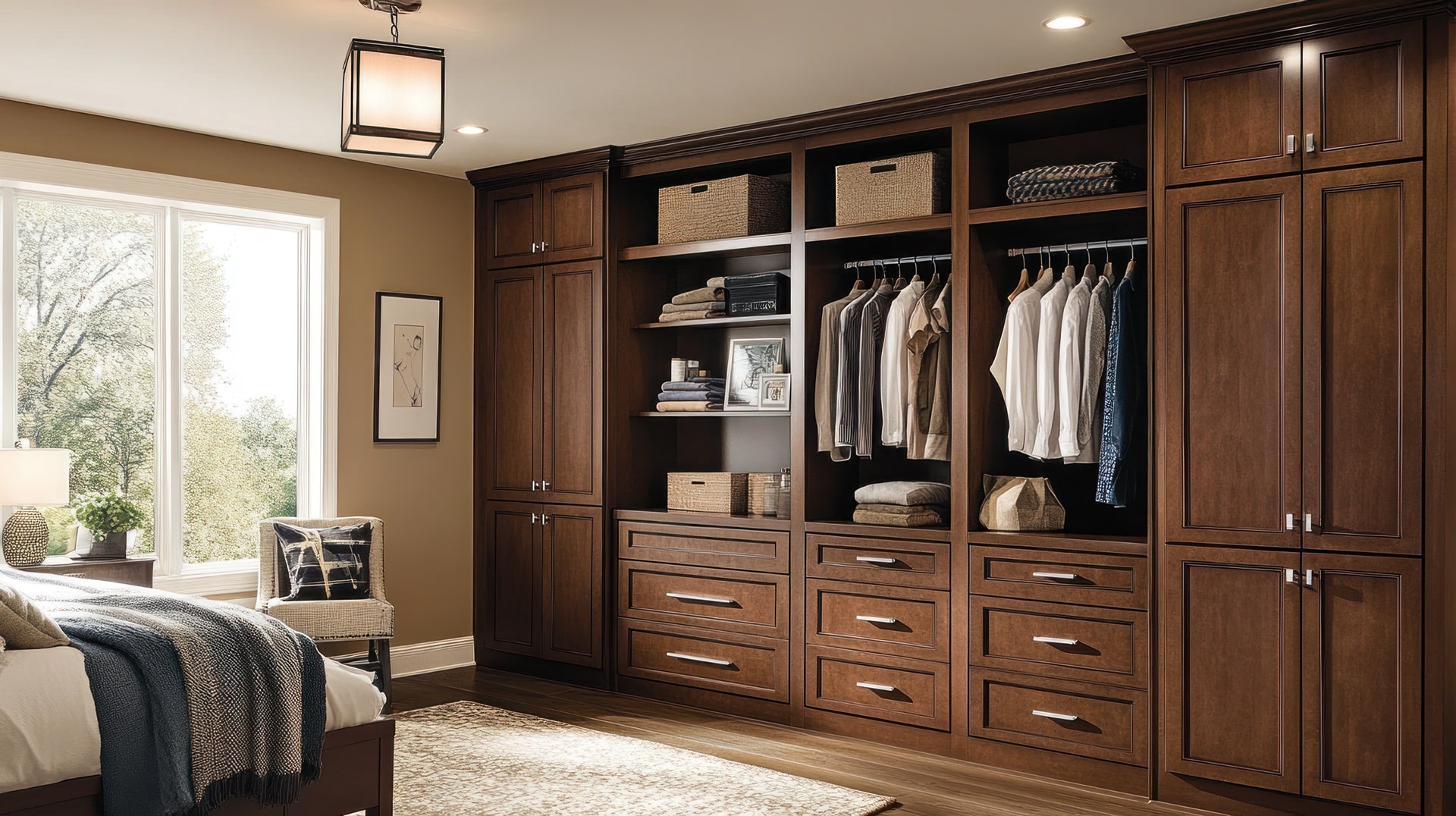 Schlafzimmer mit grossem Holz-Kleiderschrank und Bett | Bettbank