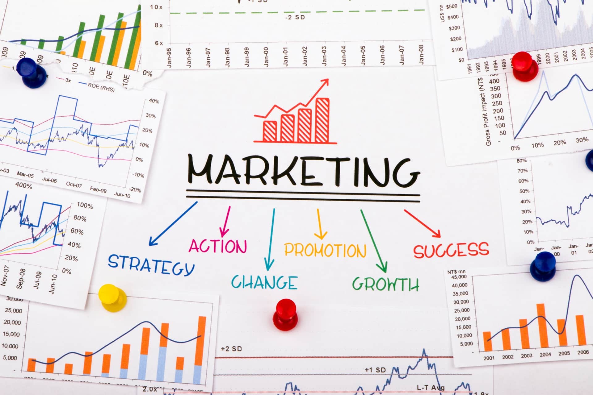 Marketingplan mit Diagrammen und bunten Notizen | Blöcke bedrucken lassen