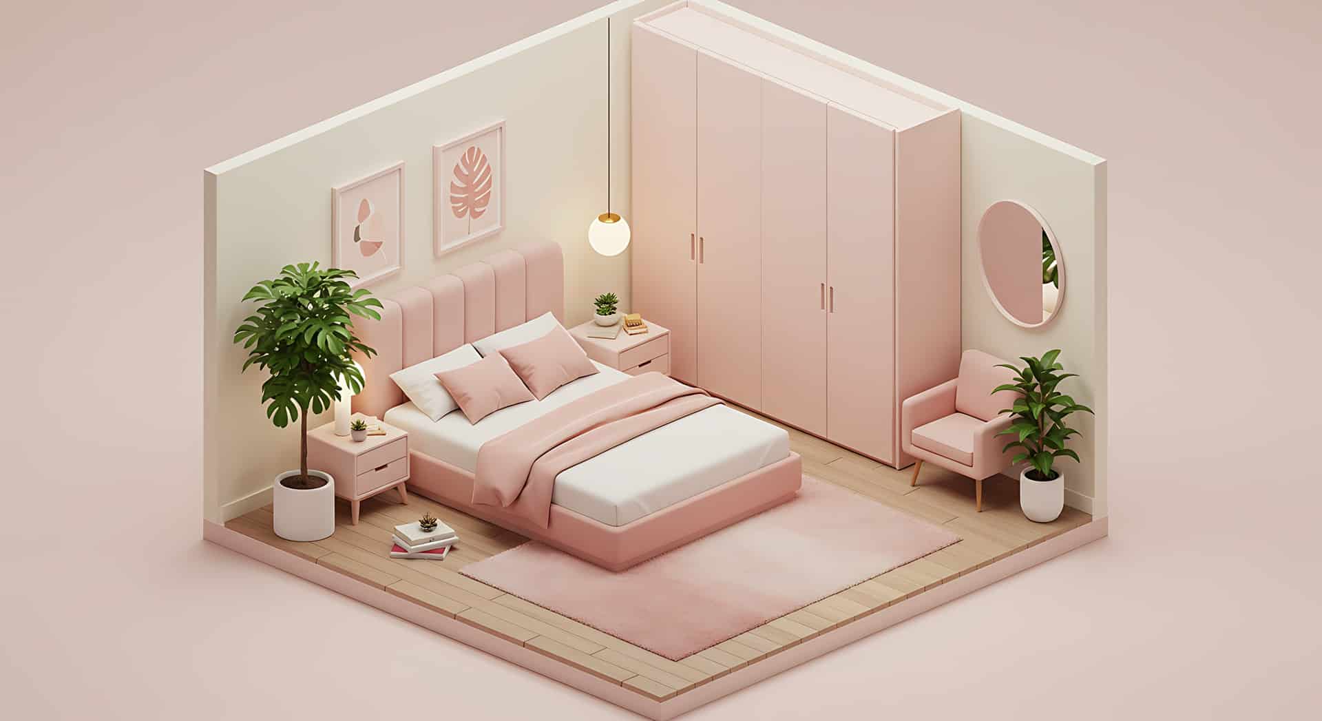 Modern eingerichtetes rosa Schlafzimmer mit Pflanzen | Bettbank