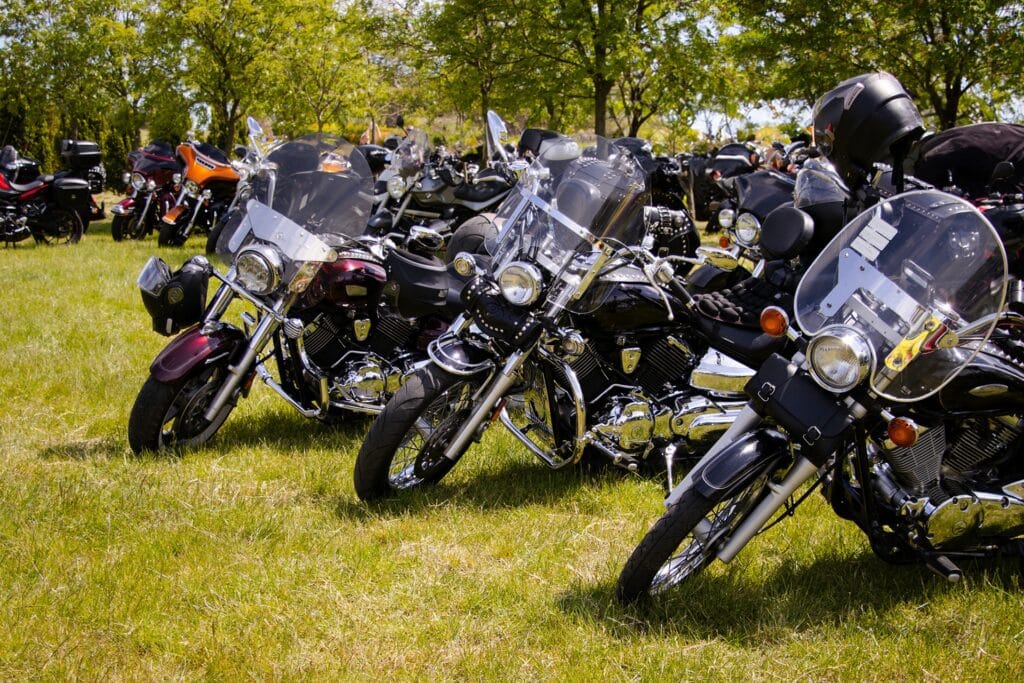 Mehrere Chopper auf Wiese mit Satteltaschen