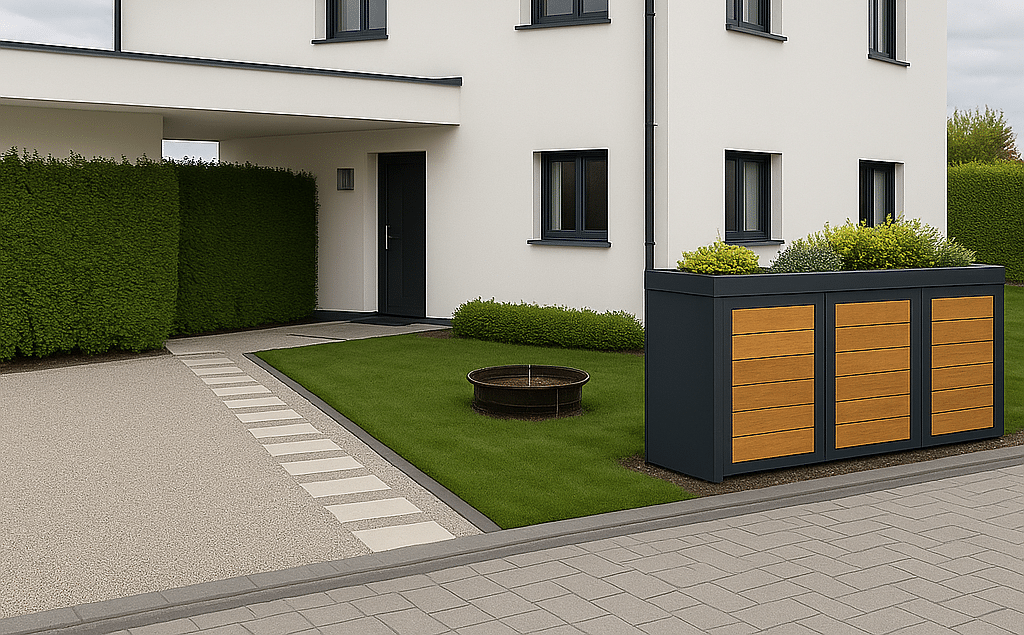 haus mit mülltonnenbox